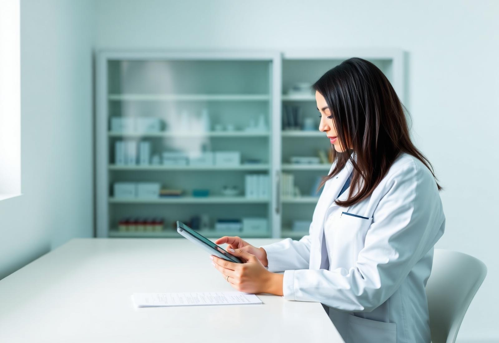 Quality assurance professional reviewing pharmaceutical documents on a tablet